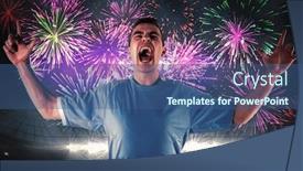  Presentation with rugby - PPT layouts enhanced with rugby player gesturing fingers crossed against fireworks exploding over football stadium background and a ocean colored foreground