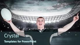 Presentation with football blue - Cool new theme with rugby player gesturing victory against large football stadium under blue sky backdrop and a tawny brown colored foreground
