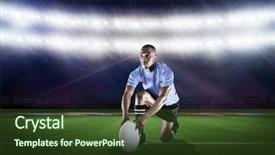  Presentation with kneeling - Slide deck with rugby player holding ball while kneeling against rugby stadium background and a tawny brown colored foreground
