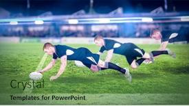  Presentation with rugby - Cool new PPT theme with rugby player scoring a try against pitch backdrop and a seafoam green colored foreground