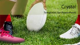  Presentation with rugby players - PPT layouts with rugby players in huddle with ball at the park background and a yellow colored foreground