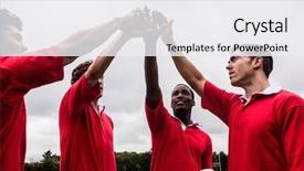  Presentation with team player - PPT theme featuring rugby players putting hands together background and a white colored foreground