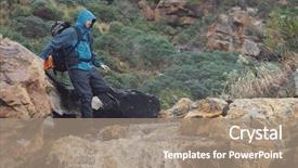  Presentation with adventure river - PPT layouts having rugged cross - adventure man crossing river background and a coral colored foreground