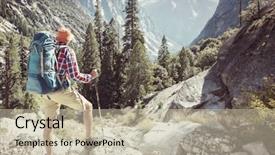  Presentation with equipment - PPT layouts enhanced with rugged cross - man with hiking equipment walking background and a mint green colored foreground