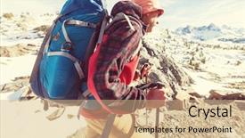  Presentation with equipment lease - PPT theme enhanced with rugged cross - man with hiking equipment walking background and a  colored foreground
