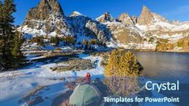  Presentation with hiking - Theme having rugged cross - man with hiking equipment walking background and a  colored foreground