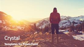  Presentation with equipment - Theme having rugged cross - man with hiking equipment walking background and a coral colored foreground