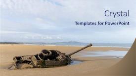  Presentation with tank - Presentation theme having ruined-tank-on-the-sand background and a sky blue colored foreground