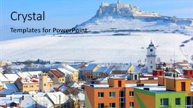  Presentation with bosnia old castle history - Audience pleasing presentation theme consisting of snow ruins - town's roof on old castle backdrop and a  colored foreground