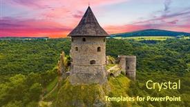  Presentation with castle - Colorful presentation design enhanced with ruins-of-a-medieval-castle backdrop and a tawny brown colored foreground