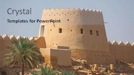  Presentation with riyadh - PPT theme consisting of ruins-of-diriyah-old-city background and a light blue colored foreground