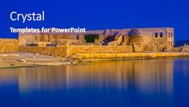  Presentation with port - Slide set consisting of ruins of the old venetian port of chania on crete greece background and a royal blue colored foreground