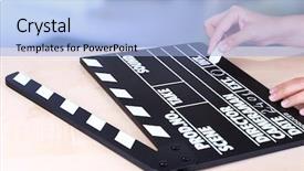 Presentation with black hands - PPT theme featuring rule making - black cinema clapper board background and a light blue colored foreground