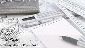  Presentation with architectural drawings - Slides enhanced with ruler calculator metric folding ruler notepad pen and architectural drawings of the modern house background and a light gray colored foreground