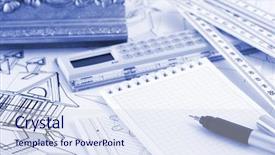  Presentation with architectural drawings - Audience pleasing presentation design consisting of ruler calculator metric folding ruler notepad pen and architectural drawings of the modern house backdrop and a sky blue colored foreground
