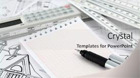  Presentation with architectural drawings - Cool new PPT theme with ruler calculator metric wooden folding ruler notepad pen and architectural drawings of the modern house backdrop and a light gray colored foreground