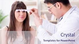  Presentation with ophthalmologist - PPT theme enhanced with ruler measure up - ophthalmologist is checking up patient background and a sky blue colored foreground