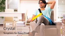  Presentation with many books - Slide deck enhanced with ruler science - male student with many books background and a  colored foreground