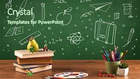  Presentation with blackboard in an abandoned school - Cool new slides with ruler science - wooden school desk with stuff backdrop and a ocean colored foreground