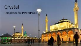  Presentation with museum - Amazing PPT theme having rumer - konya turkey - mevlana museum backdrop and a seafoam green colored foreground