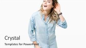  Presentation with listening woman - Audience pleasing presentation theme consisting of rumors - beautiful young blonde woman backdrop and a  colored foreground