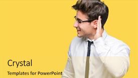  Presentation with glasses - Audience pleasing PPT theme consisting of rumors - young business man wearing glasses backdrop and a  colored foreground