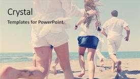  Presentation with group of diverse people - Presentation design consisting of run and jump on beach background and a  colored foreground