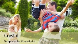  Presentation with family playing board game - Colorful presentation design enhanced with run down - family having fun playing backdrop and a yellow colored foreground