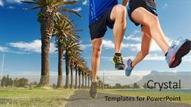  Presentation with running race - Presentation theme featuring runner foot - running couple jump with speed background and a coral colored foreground