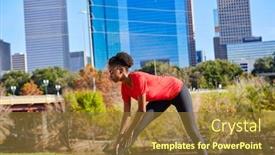  Presentation with runner - Amazing PPT theme having runner girl stretching listening music earphones in the city park backdrop and a tawny brown colored foreground