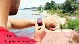  Presentation with runner - Theme having runner looking at sports smart watch outdoors background and a red colored foreground