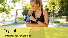  Presentation with listening woman - Slide deck consisting of runner stamina - image of concentrated young sports background and a yellow colored foreground