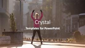  Presentation with woman runner - Slide deck featuring runner woman warming up and stretching before morning jogging background and a dark gray colored foreground