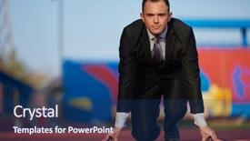  Presentation with business finish line - Amazing presentation design having runners finish line - business man in start position backdrop and a ocean colored foreground