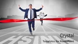  Presentation with finish line - Colorful presentation enhanced with runners finish line - businessman failing to meet backdrop and a light gray colored foreground