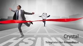  Presentation with finish line - Colorful slide deck enhanced with runners finish line - businessman failing to meet backdrop and a light gray colored foreground
