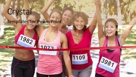  Presentation with athletes - Slide deck with runners finish line - group of female athletes completing background and a coral colored foreground