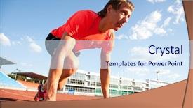  Presentation with treadmill - Cool new presentation design with runners race track - young muscular athlete is backdrop and a sky blue colored foreground