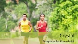  Presentation with running race - Amazing PPT theme having runners-running-on-road-outside backdrop and a yellow colored foreground