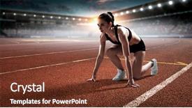 Presentation with athlete - Amazing PPT theme having running - female athlete ready to run backdrop and a tawny brown colored foreground