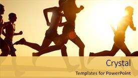  Presentation with sunset beach - Beautiful presentation theme featuring running - group of young people runs backdrop and a yellow colored foreground