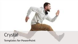  Presentation with clothes - Slide deck having running - young bearded man in casual background and a light gray colored foreground
