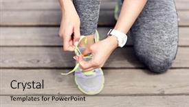  Presentation with runner - Slide set featuring running ankle - female athlete runner tying shoelaces background and a light gray colored foreground
