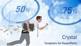  Presentation with data - PPT layouts having running businessman against blue data background and a sky blue colored foreground