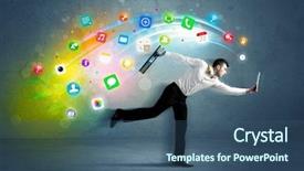  Presentation with 3d application job - Cool new slides with running businessman with colorful application backdrop and a ocean colored foreground