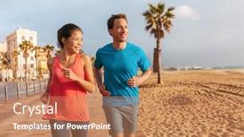  Presentation with healthy people - Colorful presentation theme enhanced with running-couple-jogging-on-barcelona backdrop and a coral colored foreground