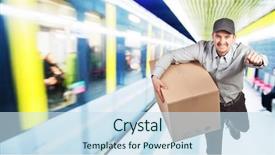  Presentation with express delivery - Theme featuring running delivery man with parcel background and a sky blue colored foreground