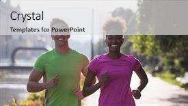  Presentation with morning sunrise - Theme with running friends - healthy young multiethnic couple jogging background and a light gray colored foreground