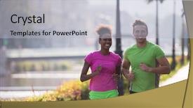  Presentation with sunrise in the city - PPT layouts featuring running friends - healthy young multiethnic couple jogging background and a light gray colored foreground