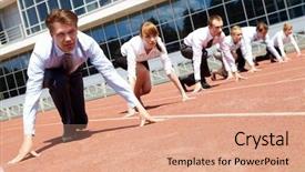  Presentation with confident - Amazing presentation theme having running game - confident business people lined up backdrop and a coral colored foreground